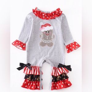 Grey Gingerbread Applique Ruffle Baby Romper